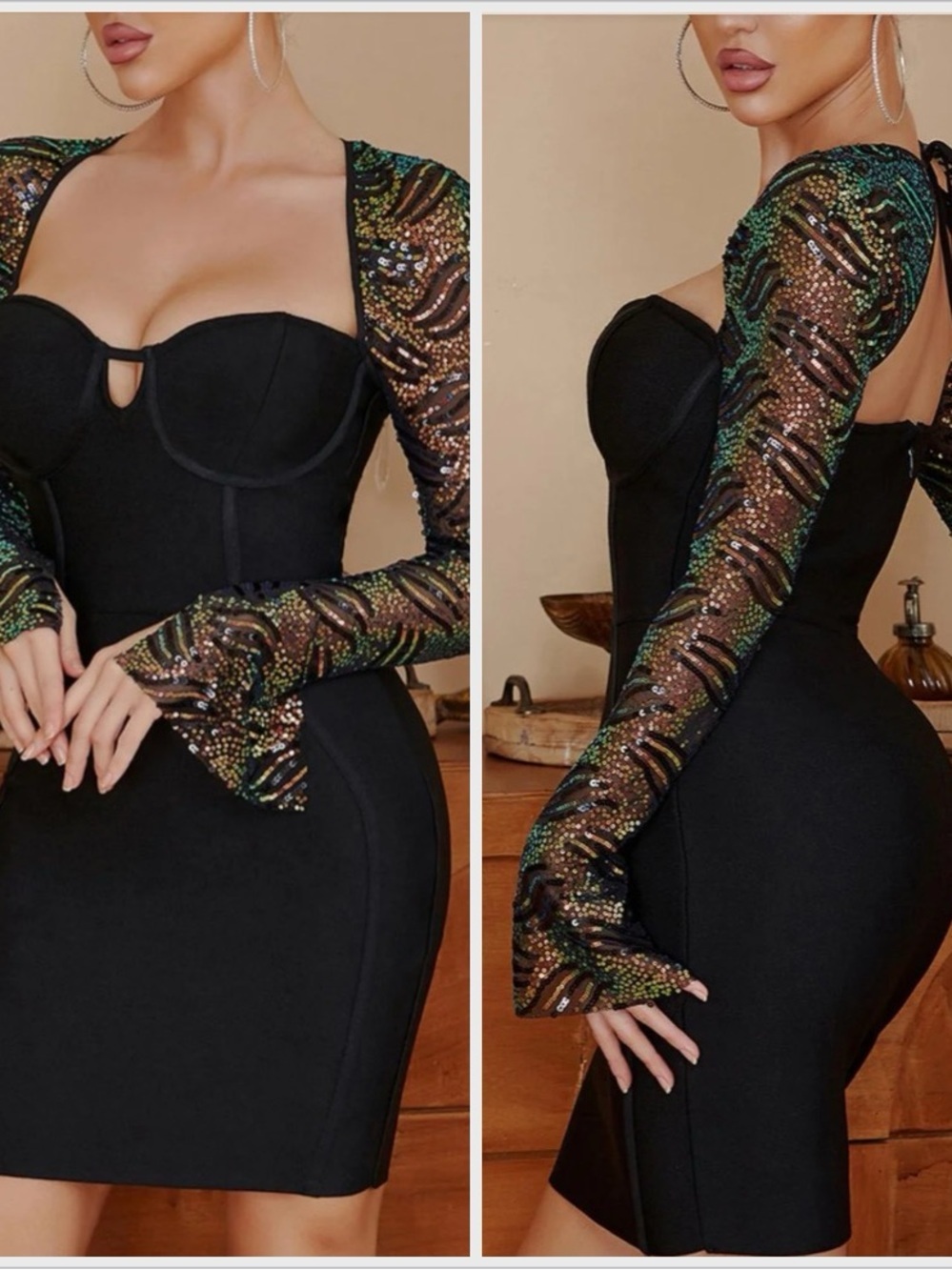 Bella Barnett Black Iridescent Sequin Sleeve Bandage Dress Perks A Boo Key Hole